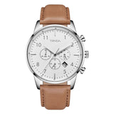 TRNDA STAINLESS STEEL MEN'S WATCH - ELEGANT SILVER DIAL & TAN LEATHER BAND - A TIMELESS TRENDSETTER