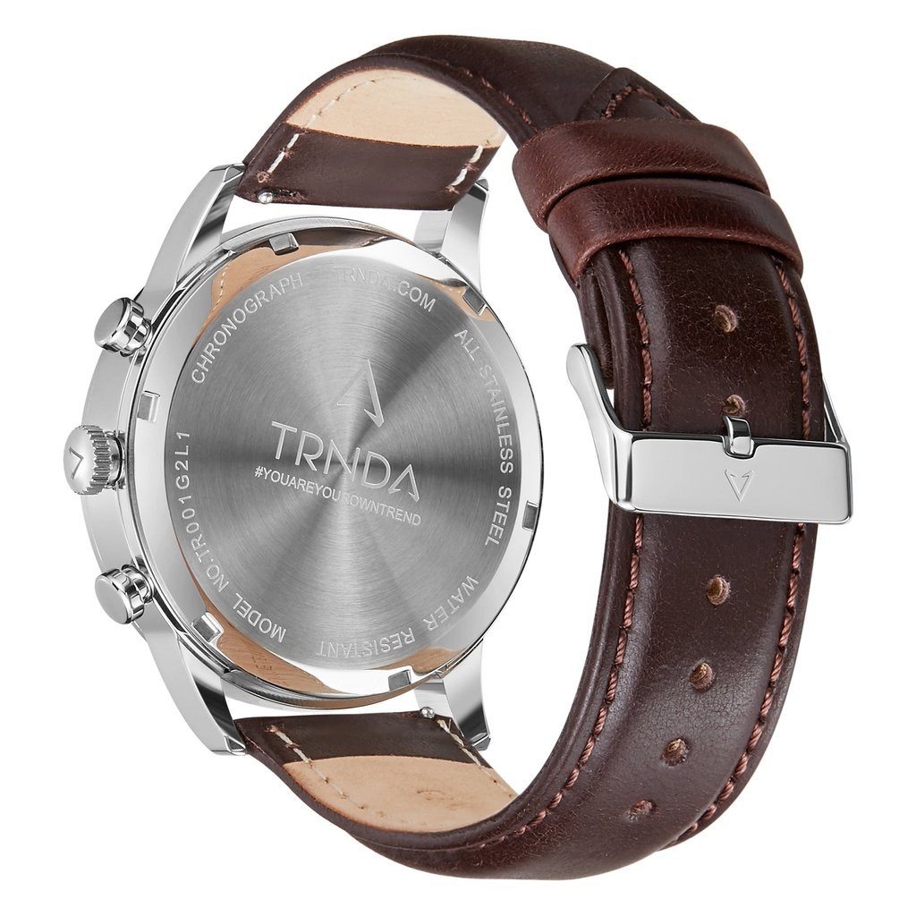 TRNDA STAINLESS STEEL MENS WATCH - CHARCOAL BLACK DIAL & BROWN LEATHER BAND