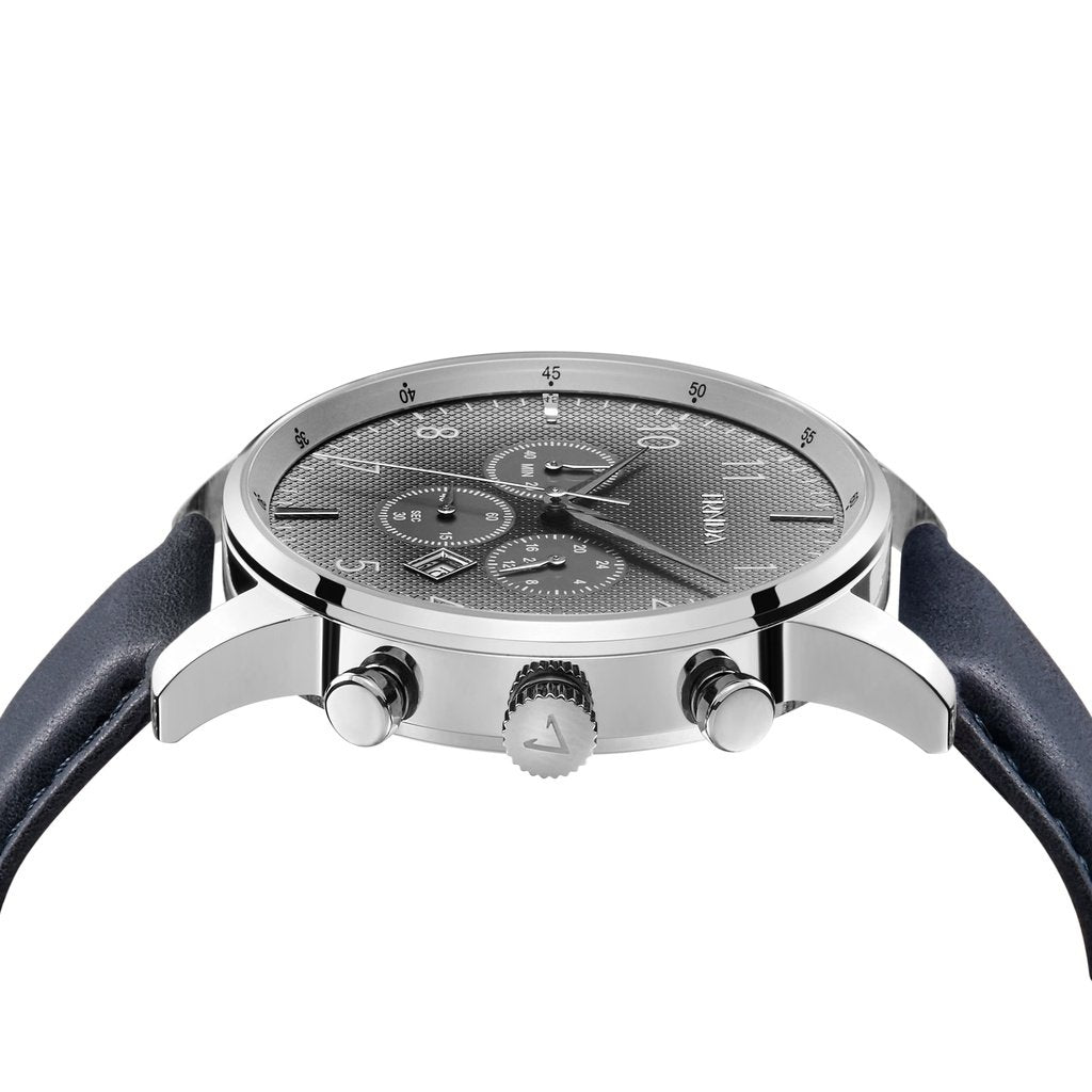 TRNDA STAINLESS STEEL MEN'S WATCH - TIMELESS STYLE WITH BLUE LEATHER BAND & GRADIENT GRAY DIAL