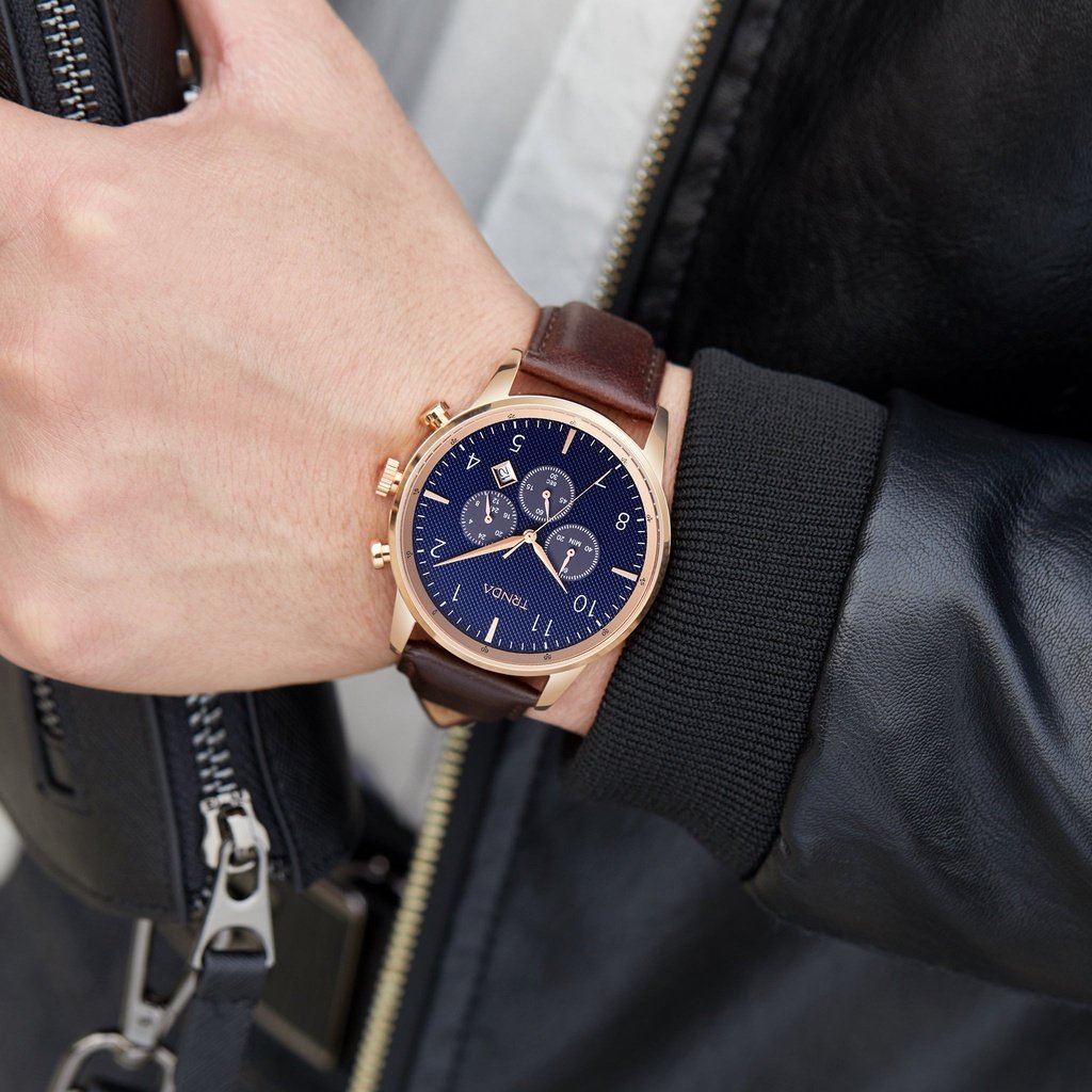 TRNDA MENS ROSE GOLD STAINLESS STEEL WATCH - TIMELESS STYLE WITH DARK BLUE DIAL & BROWN LEATHER BAND