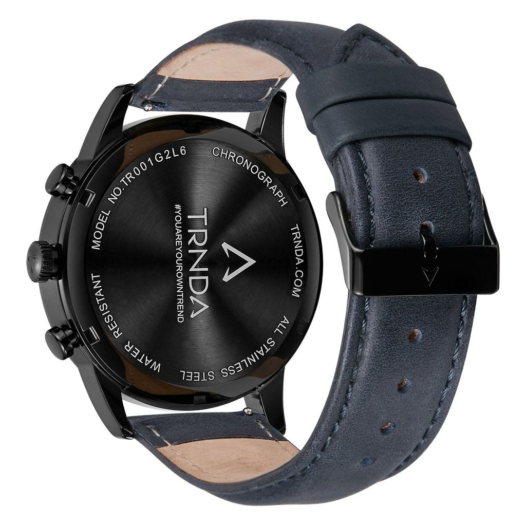 TRNDA STAINLESS STEEL MEN'S WATCH - TIMELESS BLACK & BLUE DIAL WITH GENUINE LEATHER BAND