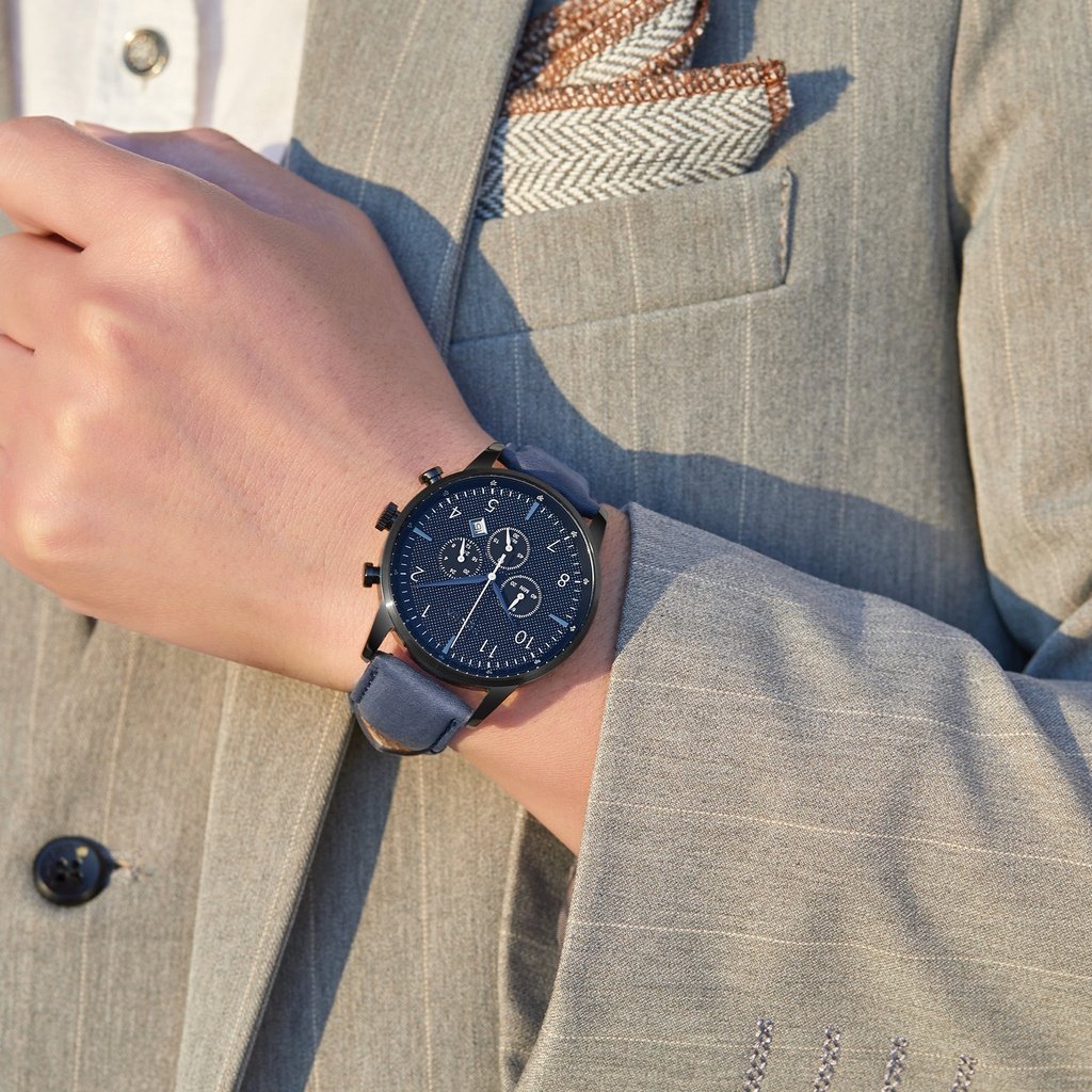 TRNDA STAINLESS STEEL MEN'S WATCH - TIMELESS BLACK & BLUE DIAL WITH GENUINE LEATHER BAND