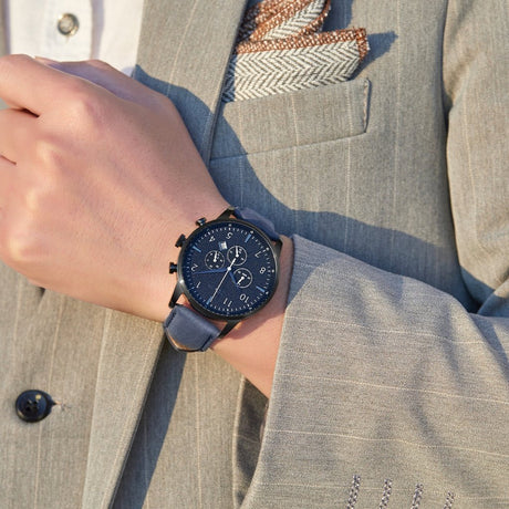 TRNDA STAINLESS STEEL MEN'S WATCH - TIMELESS BLACK & BLUE DIAL WITH GENUINE LEATHER BAND