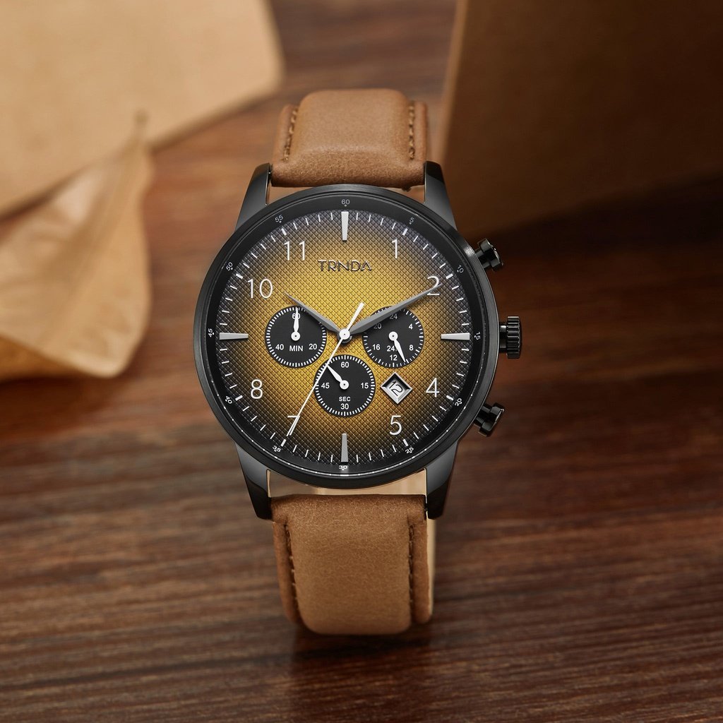 TRNDA STAINLESS STEEL 43MM BLACK DIAL MENS WATCH - TRENDY TAN LEATHER BAND