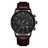 TRNDA STAINLESS STEEL 43MM MEN'S WATCH - CHARCOAL BLACK DIAL & BROWN LEATHER BAND