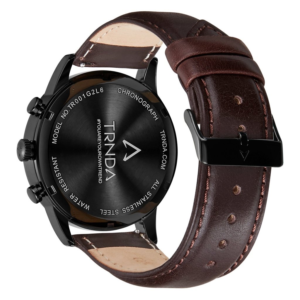 TRNDA STAINLESS STEEL 43MM MEN'S WATCH - CHARCOAL BLACK DIAL & BROWN LEATHER BAND