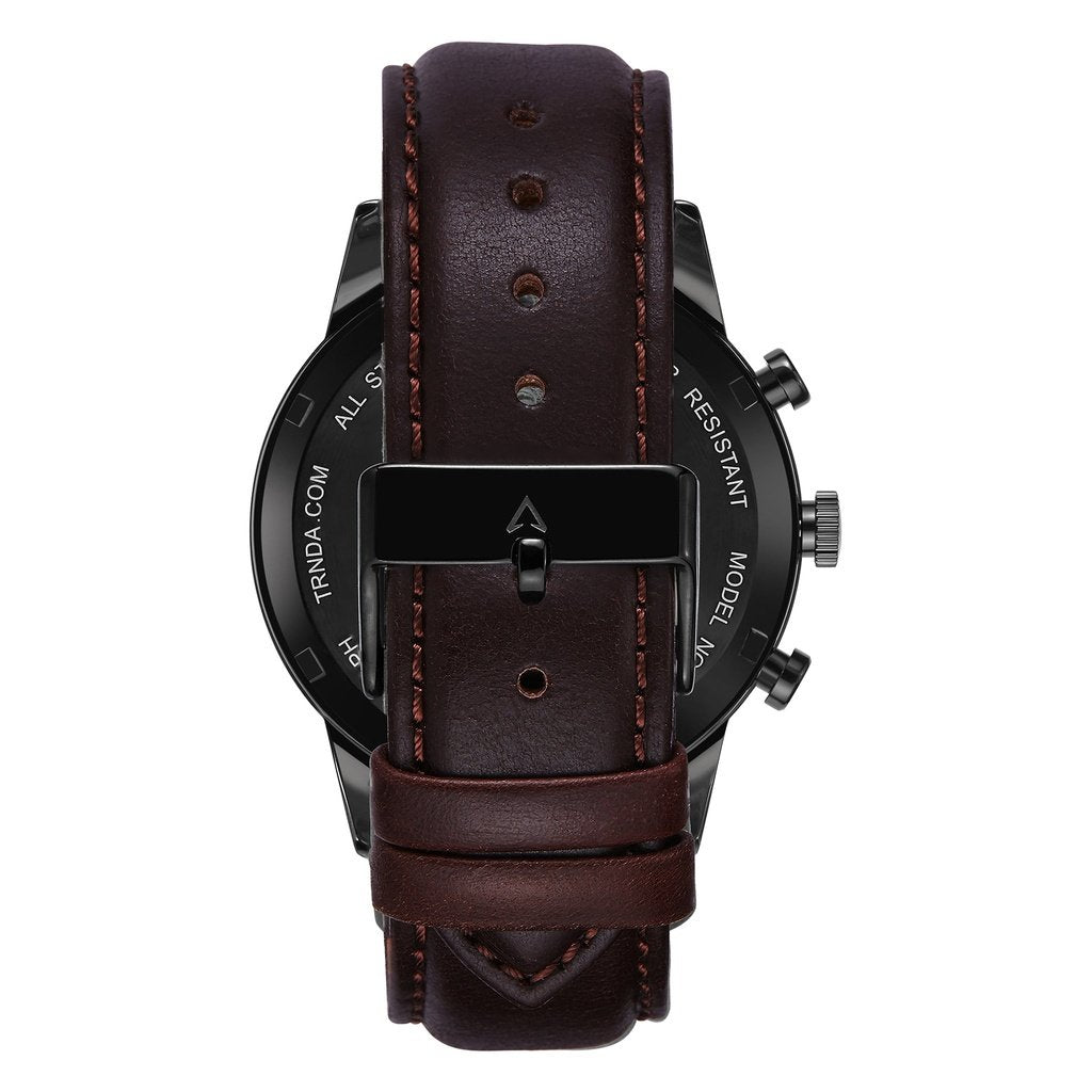 TRNDA STAINLESS STEEL 43MM MEN'S WATCH - CHARCOAL BLACK DIAL & BROWN LEATHER BAND