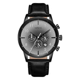 TRNDA STAINLESS STEEL MENS WATCH - TIMELESS BLACK LEATHER BAND & GRADIENT STEEL GRAY DIAL