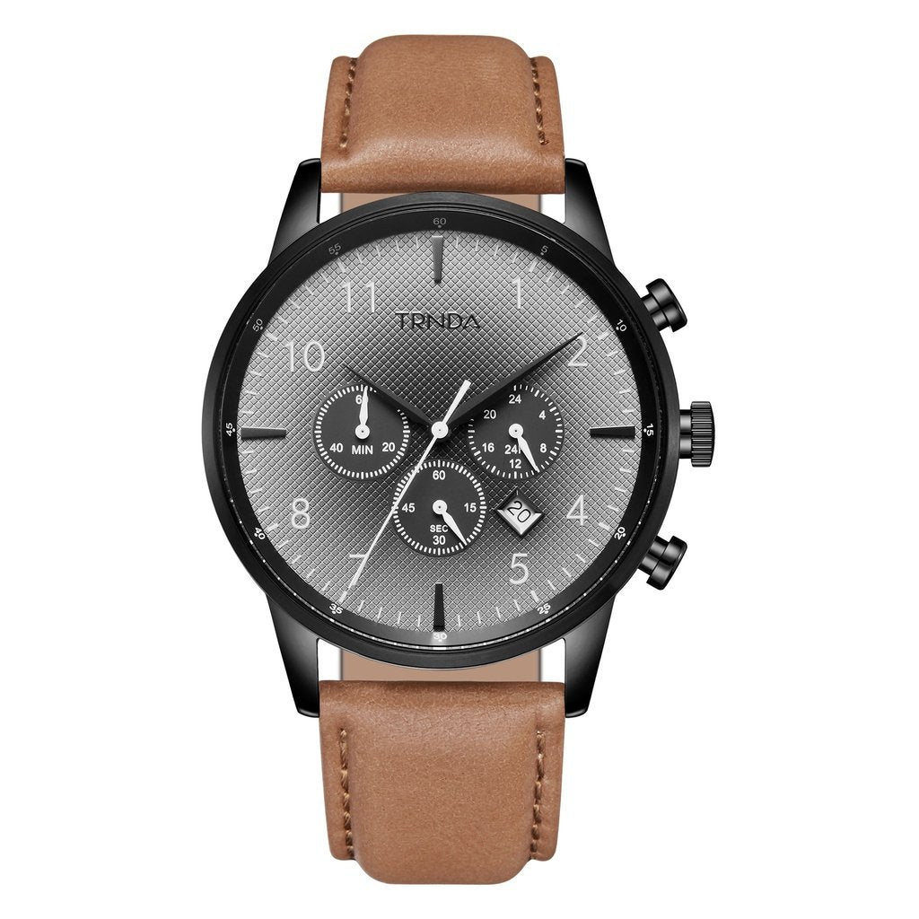 TRNDA STAINLESS STEEL MEN'S WATCH - TIMELESS BLACK & TAN LEATHER FASHION STATEMENT 43MM