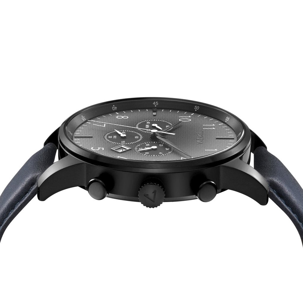 TRNDA STAINLESS STEEL MEN'S WATCH - BLACK CASE & BLUE LEATHER BAND - TIMELESS STYLE