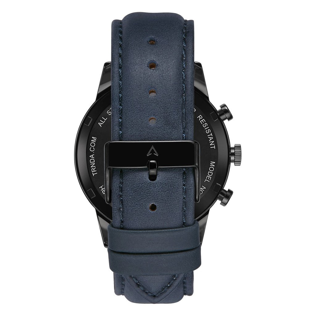 TRNDA STAINLESS STEEL MEN'S WATCH - BLACK CASE & BLUE LEATHER BAND - TIMELESS STYLE