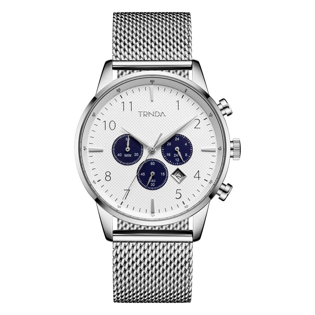 TRNDA MEN'S STAINLESS STEEL FASHION WATCH - ELEGANT SILVER DIAL & MESH BAND, 43MM TIMEPIECE