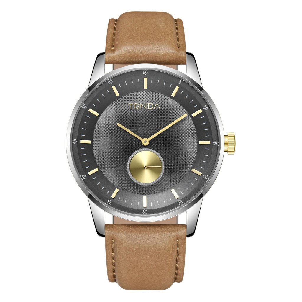 TRNDA STAINLESS STEEL 43MM MEN'S WATCH - ELEGANT GRADIENT LIGHT GRAY DIAL & TAN LEATHER BAND
