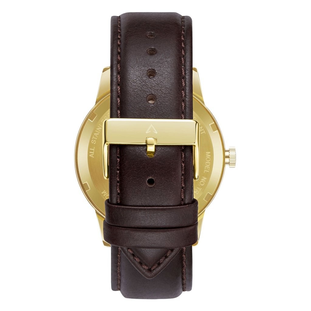 TRNDA MEN'S SIGNATURE STAINLESS STEEL WATCH - GOLD CASE & BROWN LEATHER BAND, GRADIENT DIAL
