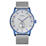 TRNDA STAINLESS STEEL MEN'S WATCH - BLUE PLATED ROUND CASE & SILVER MESH BAND
