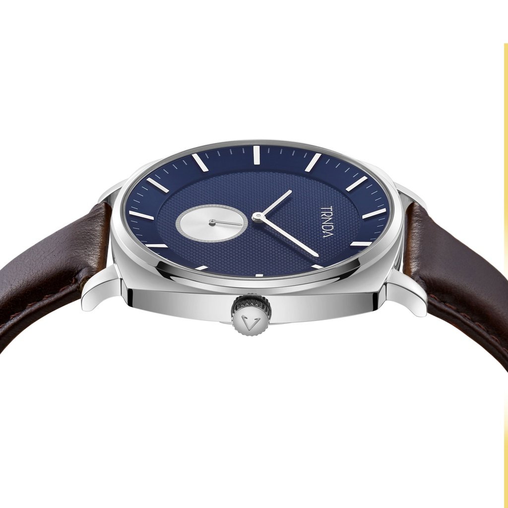 TRNDA MEN'S SQUARE STAINLESS STEEL WATCH - ELEGANT BLUE DIAL & BROWN LEATHER BAND