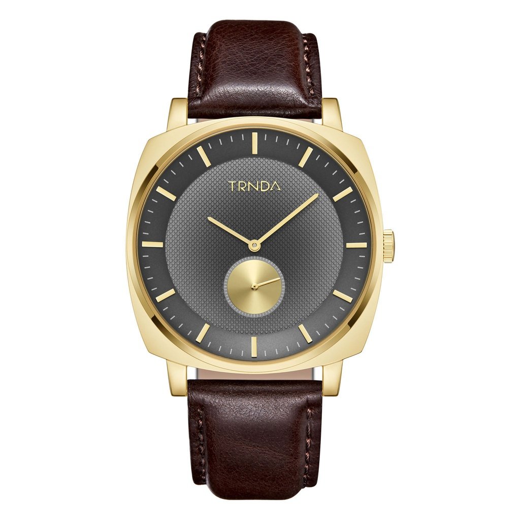 TRNDA Men's Square Gold Stainless Steel Watch with Brown Leather Band - Timeless Style Statement