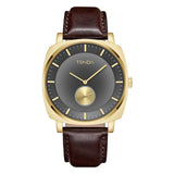 TRNDA Men's Square Gold Stainless Steel Watch with Brown Leather Band - Timeless Style Statement