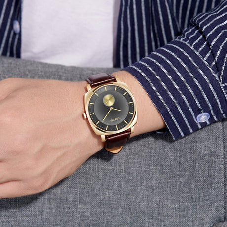 TRNDA Men's Square Gold Stainless Steel Watch with Brown Leather Band - Timeless Style Statement