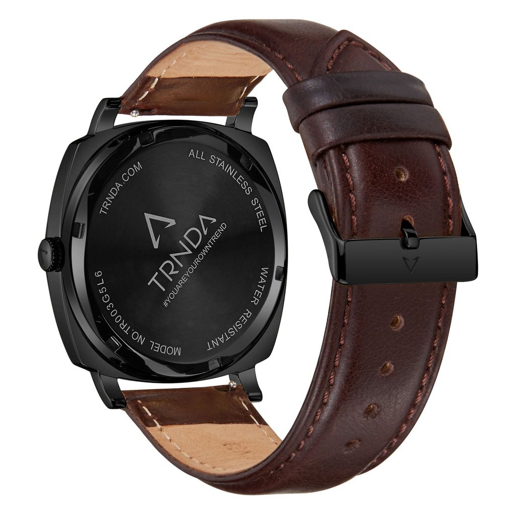 TRNDA SQUARE BLACK STAINLESS STEEL MEN'S WATCH - SEAWEED GREEN DIAL & BROWN LEATHER BAND