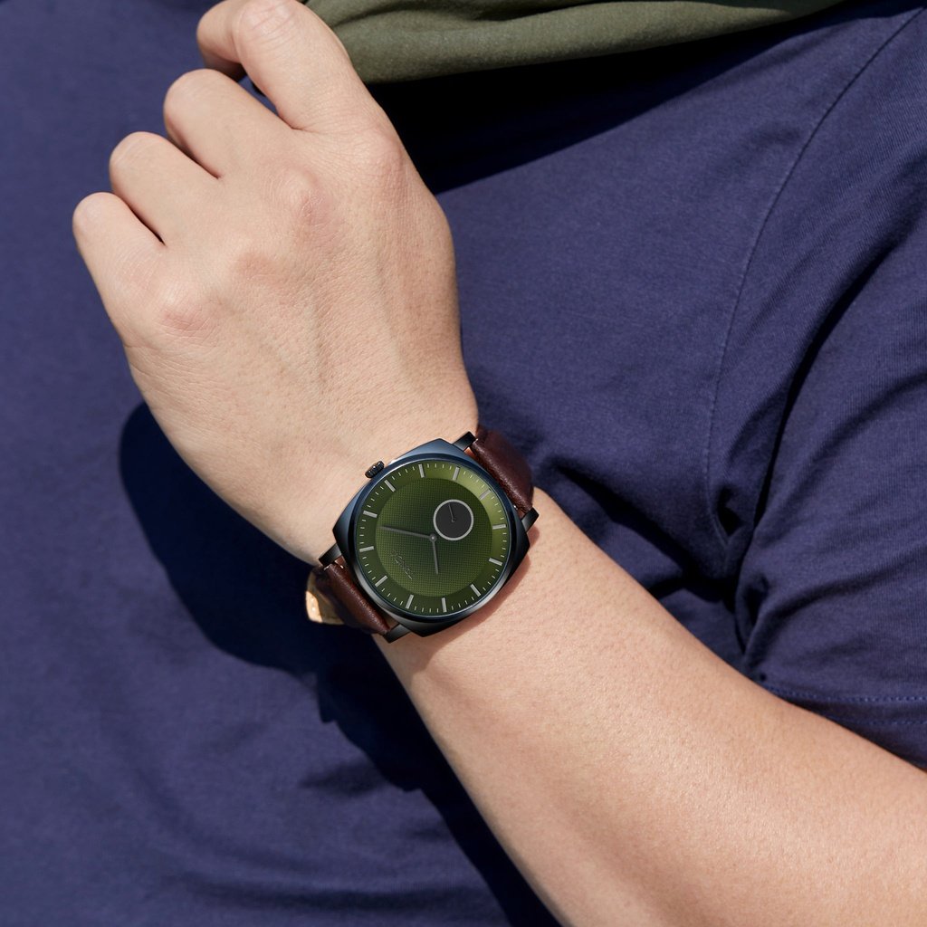 TRNDA SQUARE BLACK STAINLESS STEEL MEN'S WATCH - SEAWEED GREEN DIAL & BROWN LEATHER BAND