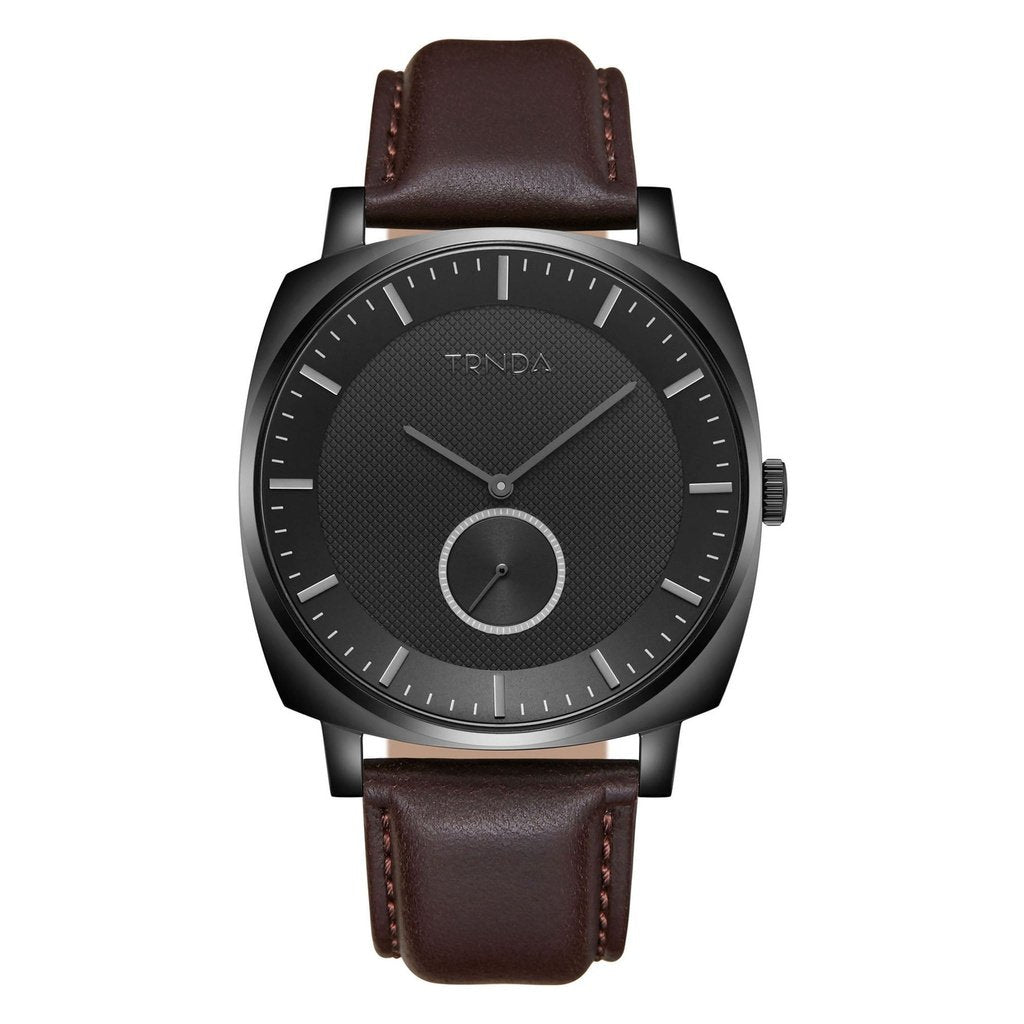 TRNDA SQUARE BLACK STAINLESS STEEL MEN'S WATCH - TIMELESS STYLE WITH BROWN LEATHER BAND