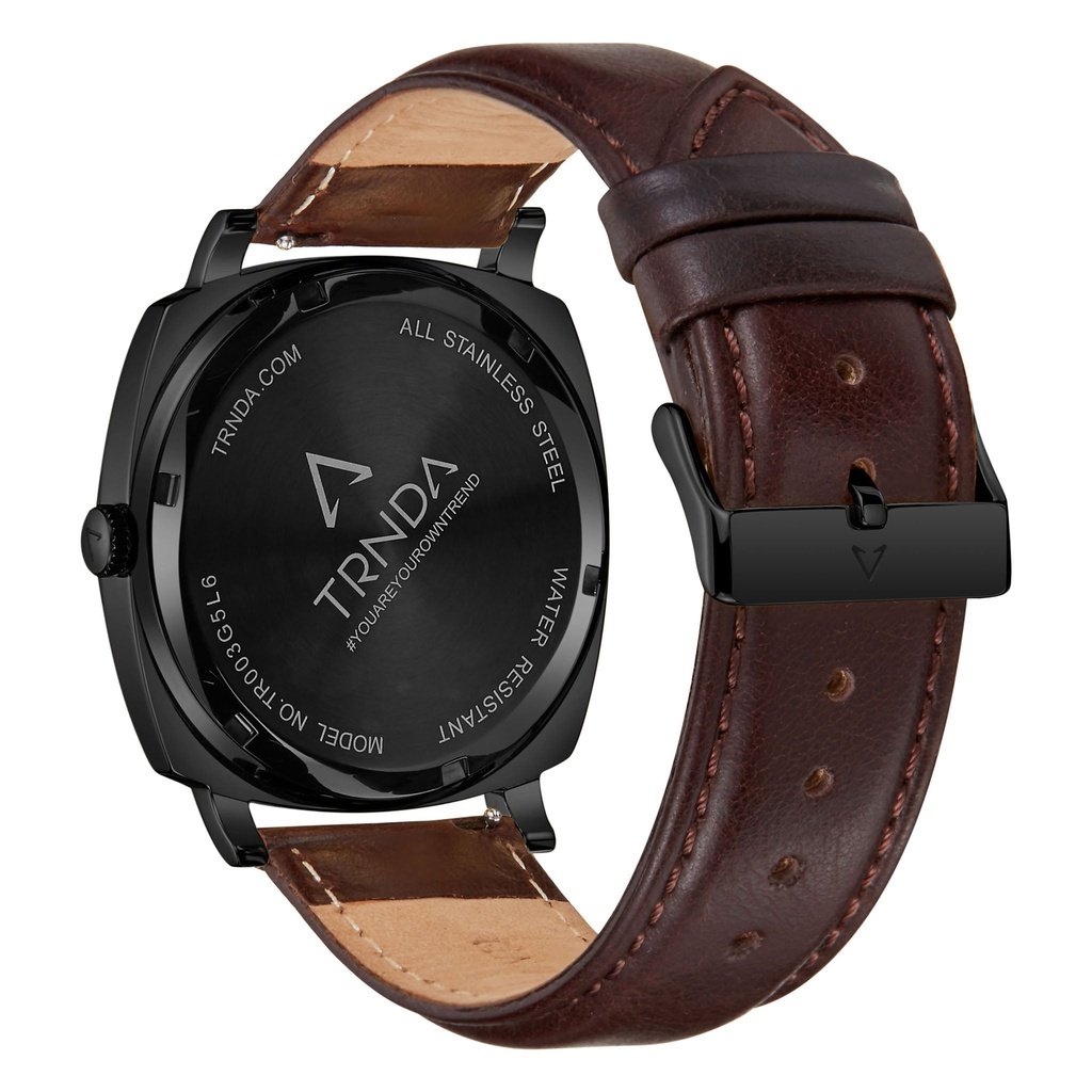 TRNDA SQUARE BLACK STAINLESS STEEL MEN'S WATCH - TIMELESS STYLE WITH BROWN LEATHER BAND