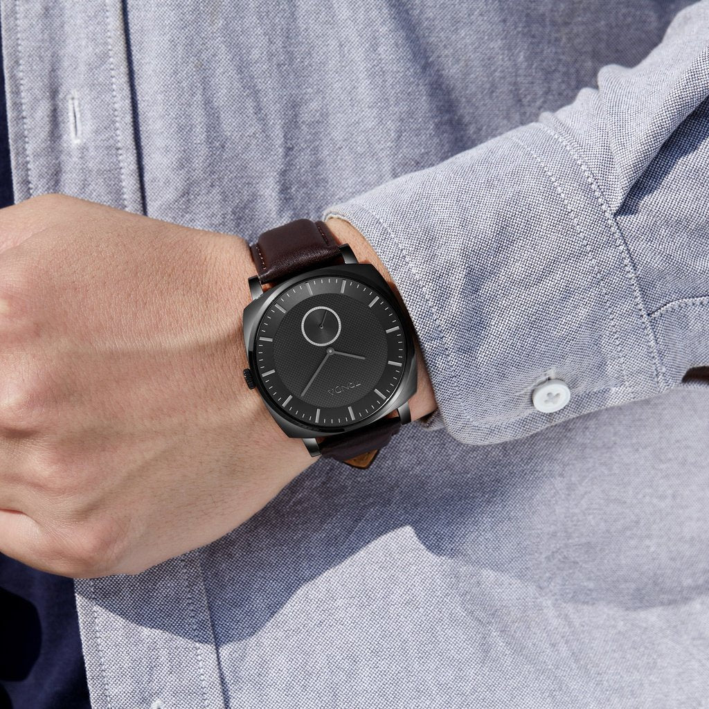TRNDA SQUARE BLACK STAINLESS STEEL MEN'S WATCH - TIMELESS STYLE WITH BROWN LEATHER BAND