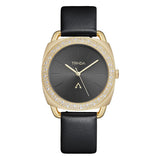 TRNDA Women's Watch with Gold Stainless Steel Case and Black Leather Band