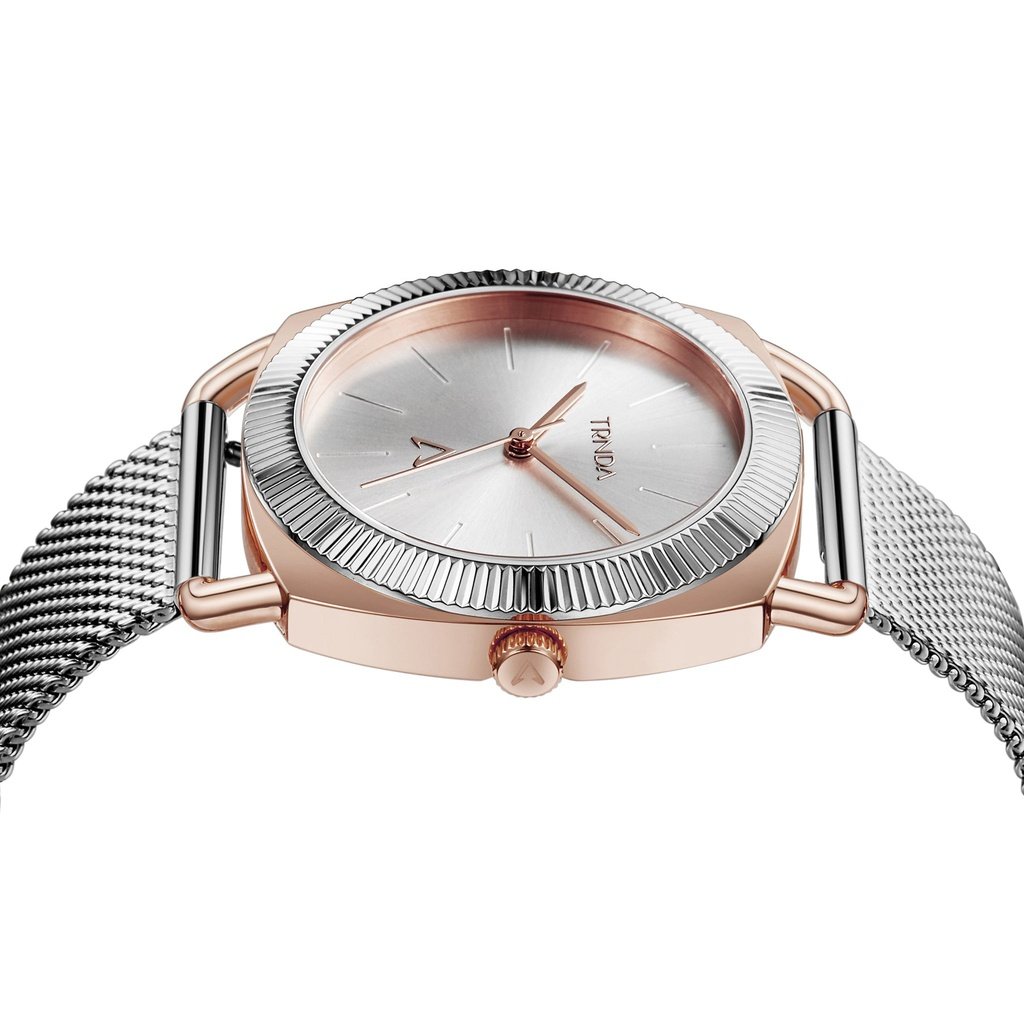 TRNDA Women's Watch with Rose Gold Stainless Steel Case and Silver Stainless Steel Band
