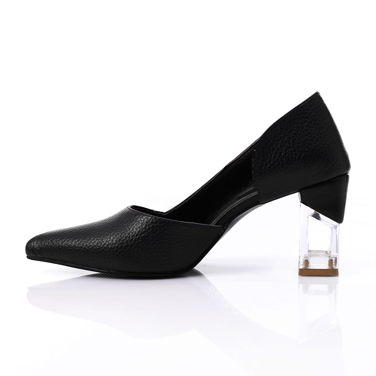 Snatch - Pointed Leather Pump Transparent Heels - Black