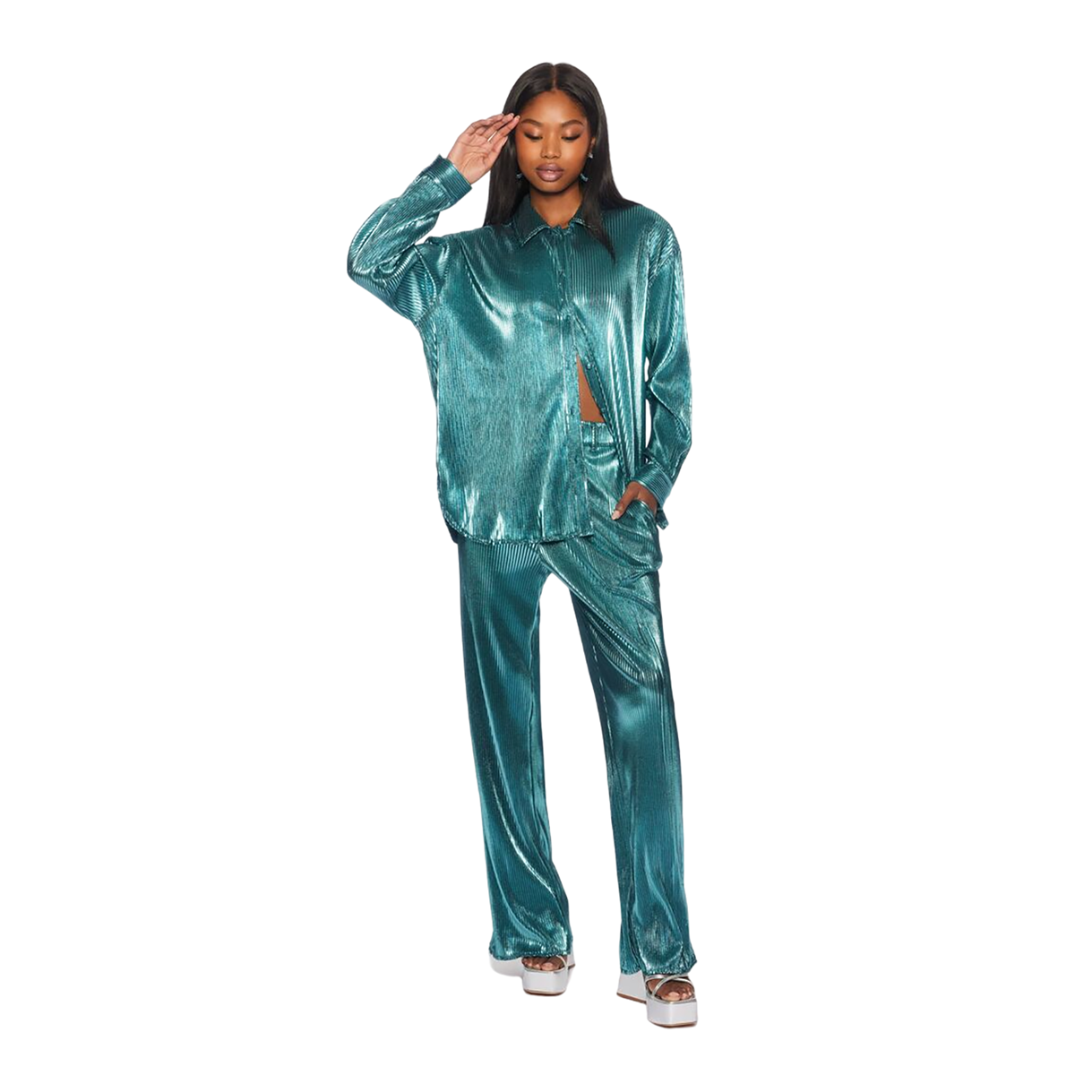 Forever 21 - Ribbed Metallic Shirt & Pants Set - Sold by FIG