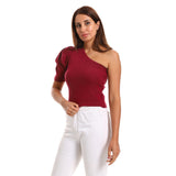 Red circle -  - Puffed Short Sleeves Asymmetric Collar Top