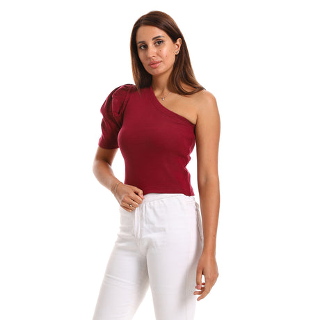 Red circle -  - Puffed Short Sleeves Asymmetric Collar Top