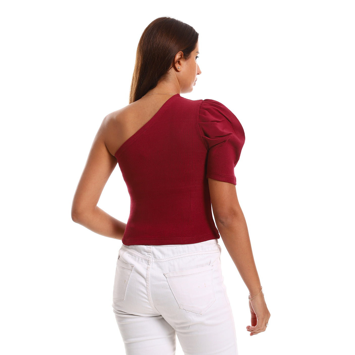 Red circle -  - Puffed Short Sleeves Asymmetric Collar Top