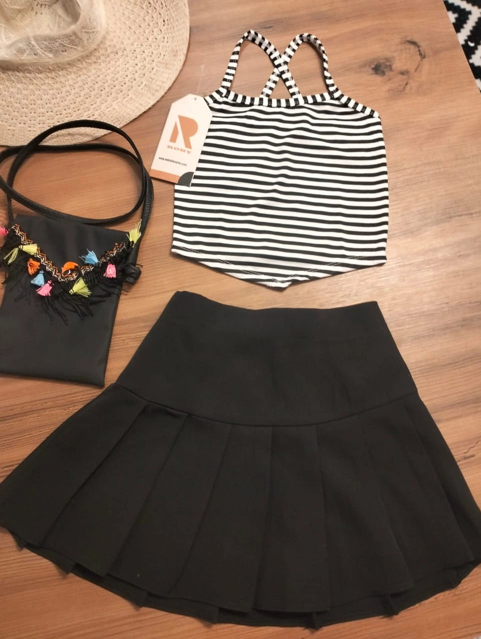 Rokido - 2-piece set, black pleated skirt and black striped halter top