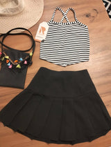 Rokido - 2-piece set, black pleated skirt and black striped halter top
