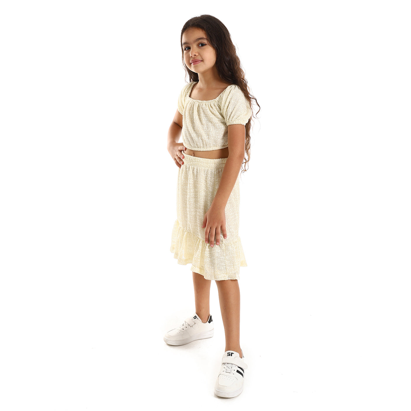 Kady - Knitted Puffed Off Shoulder Sleeves Girls Clothing Set
