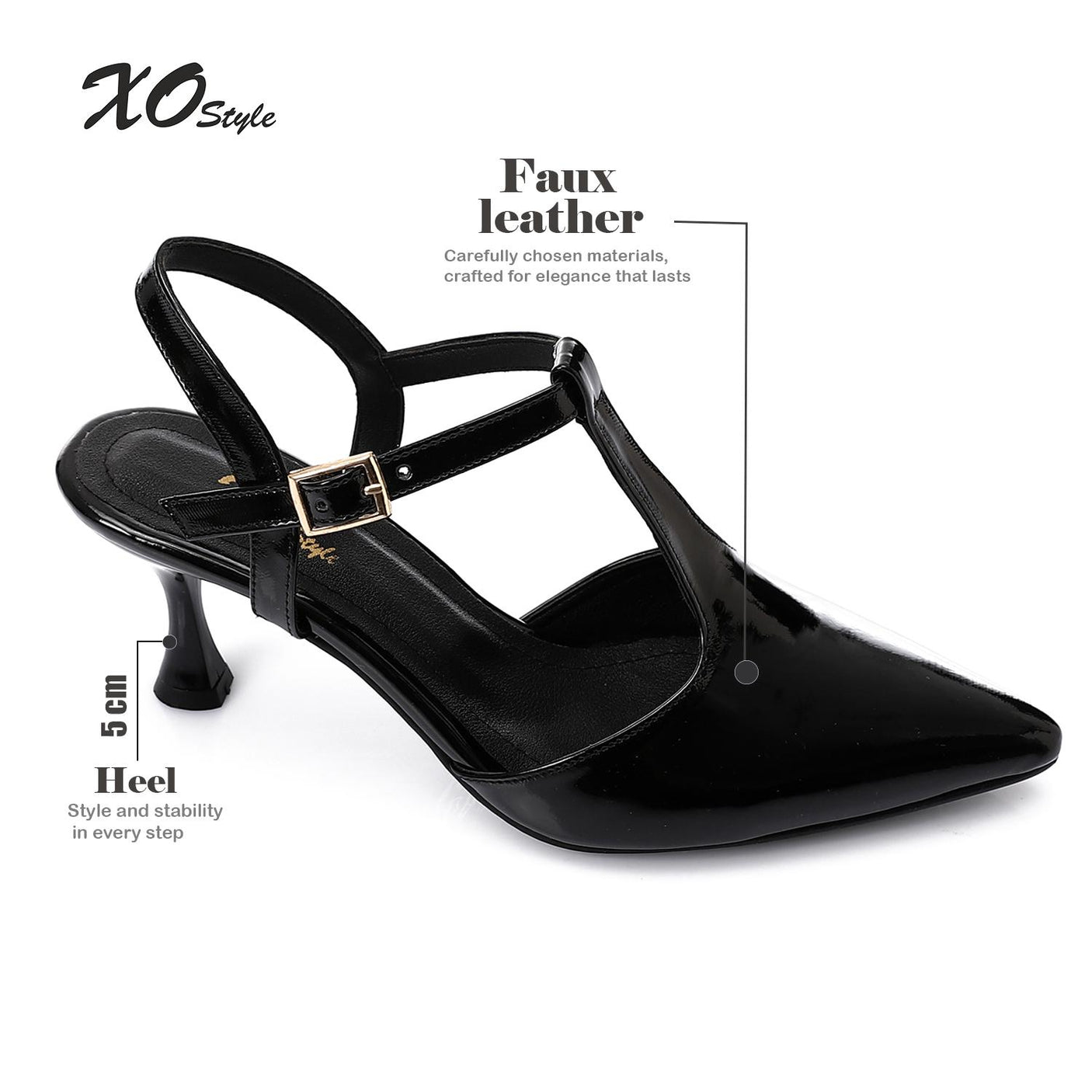 XO- Women’s T-Strap Heeled Shoe – Elegant & Comfortable, Faux Leather Texture