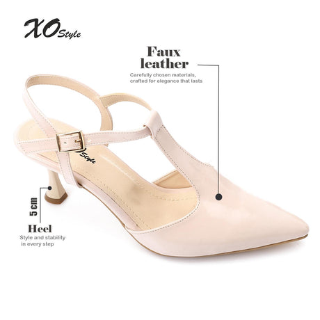 XO- Women’s T-Strap Heeled Shoe – Elegant & Comfortable, Faux Leather Texture