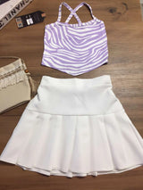 Rokido - 2-piece set: white pleated skirt and lavender striped halter top