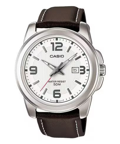 CASIO - Watch for Men MTP-1314L-7AVDF Analog Leather Band Brown & White