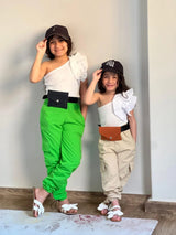 Rokido - Green and Beige Cargo Pants and One Shoulder Top Set