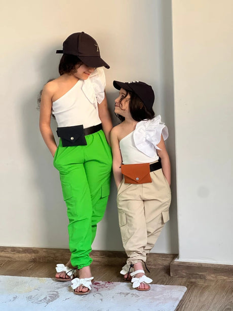 Rokido - Green and Beige Cargo Pants and One Shoulder Top Set