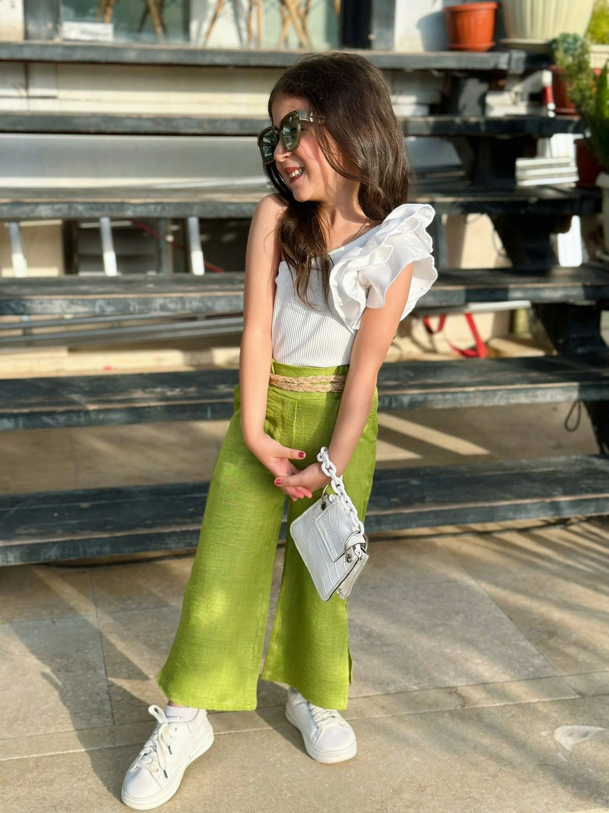 Rokido - Kiwi Linen Pants with One Shoulder Top Pants Top.
