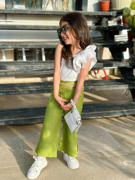 Rokido - Kiwi Linen Pants with One Shoulder Top Pants Top.