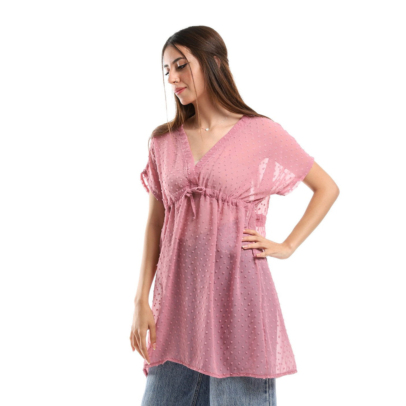 Red circle -  Self Stitches Sheer Short Sleeves Blouse