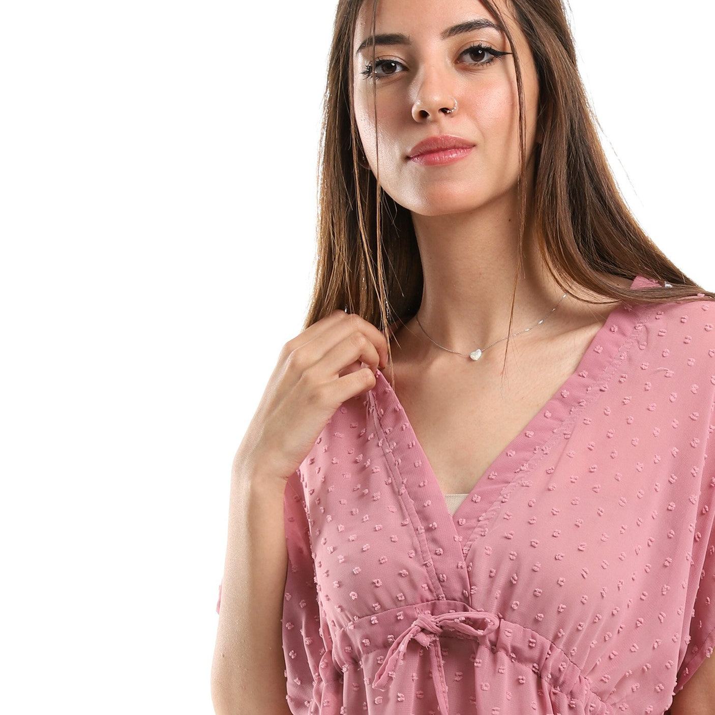 Red circle -  Self Stitches Sheer Short Sleeves Blouse