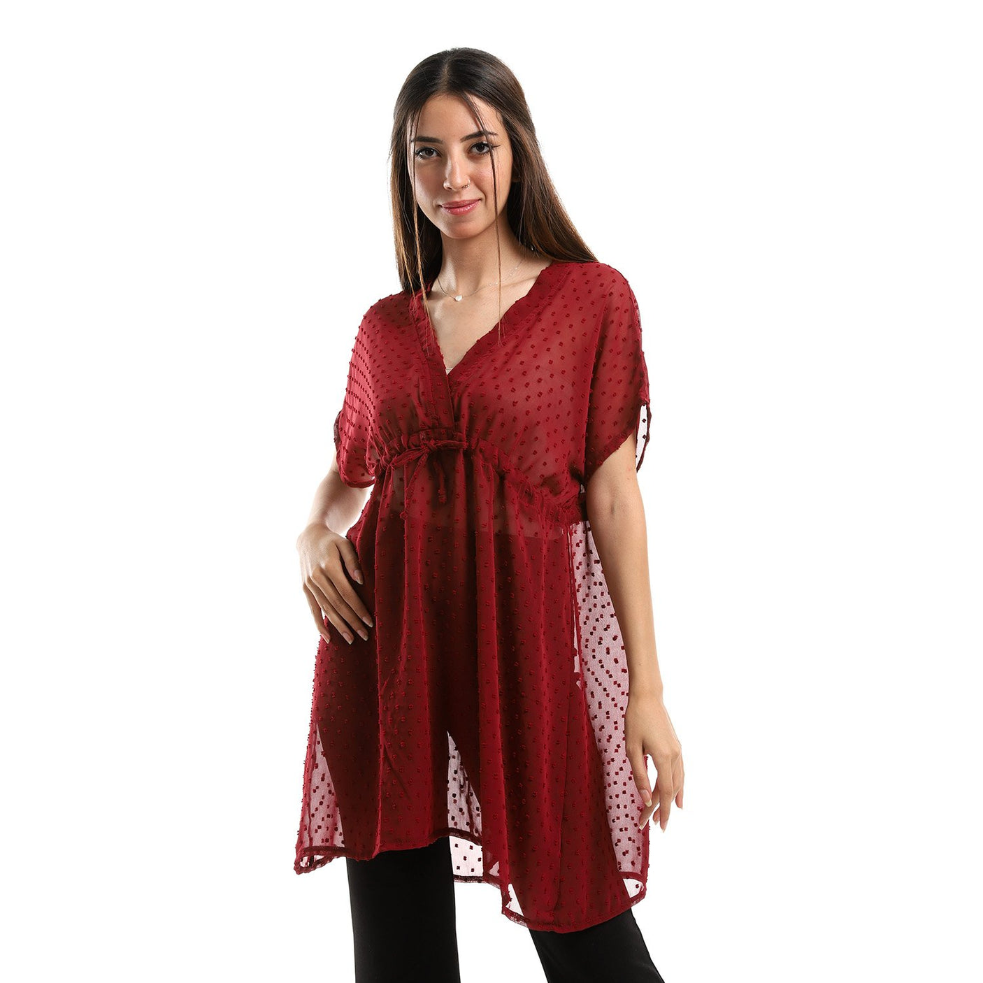 Red circle -  Self Stitches Sheer Short Sleeves Blouse