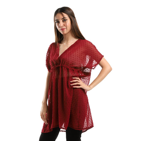 Red circle -  Self Stitches Sheer Short Sleeves Blouse